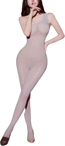 Women's Body Suit Shiny Bodystocing Oily Full Body Suit Jumpsuit Off-the-shoulder Sleeveless in Saudi Arabia