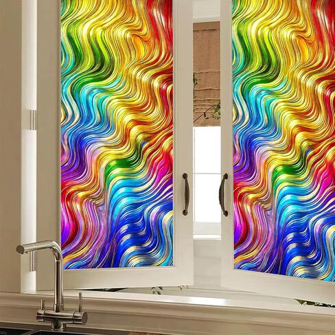 BlissYard Colorful Wavy Stained Glass Window Film Window Privacy Film Stained Decals Static Cling Sun Blocking Decor for Home Office Windows Doors Glass Partitions 17.7x39.3 inch in Kuwait