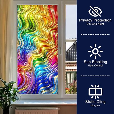 BlissYard Colorful Wavy Stained Glass Window Film Window Privacy Film Stained Decals Static Cling Sun Blocking Decor for Home Office Windows Doors Glass Partitions 17.7x39.3 inch in Kuwait