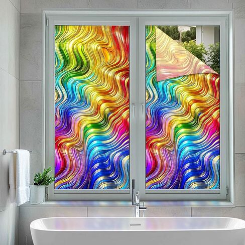 BlissYard Colorful Wavy Stained Glass Window Film Window Privacy Film Stained Decals Static Cling Sun Blocking Decor for Home Office Windows Doors Glass Partitions 17.7x39.3 inch in Kuwait