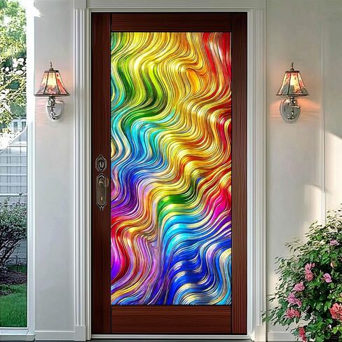 BlissYard Colorful Wavy Stained Glass Window Film Window Privacy Film Stained Decals Static Cling Sun Blocking Decor for Home Office Windows Doors Glass Partitions 17.7x39.3 inch in Kuwait