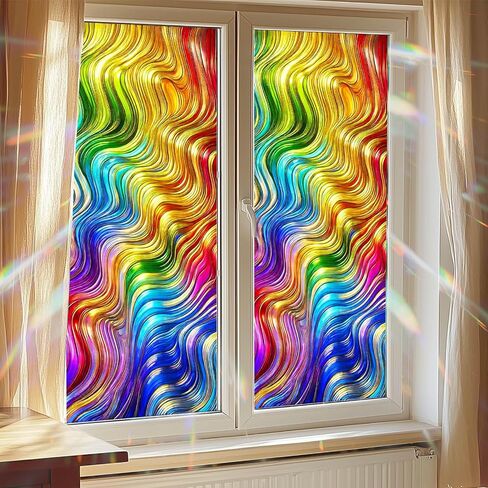 BlissYard Colorful Wavy Stained Glass Window Film Window Privacy Film Stained Decals Static Cling Sun Blocking Decor for Home Office Windows Doors Glass Partitions 17.7x39.3 inch in Kuwait