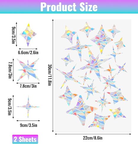 2 Sheets Star Window Stickers for Birds, Rainbow Window Decals for Glass | Anti-Collision Window Decals for Bird Strikes, Non-Adhesive Window Clings Stop Birds Flying into Windows in Saudi Arabia
