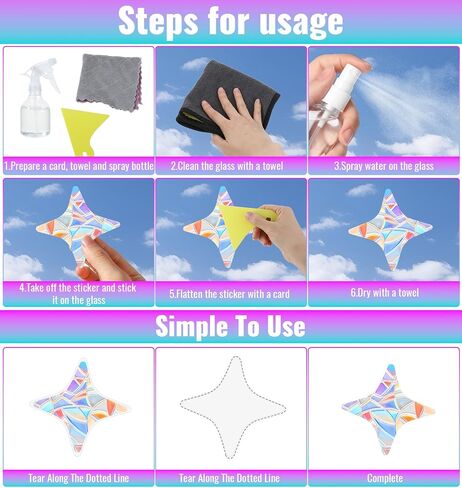 2 Sheets Star Window Stickers for Birds, Rainbow Window Decals for Glass | Anti-Collision Window Decals for Bird Strikes, Non-Adhesive Window Clings Stop Birds Flying into Windows in Saudi Arabia
