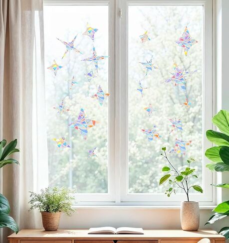 2 Sheets Star Window Stickers for Birds, Rainbow Window Decals for Glass | Anti-Collision Window Decals for Bird Strikes, Non-Adhesive Window Clings Stop Birds Flying into Windows in Saudi Arabia