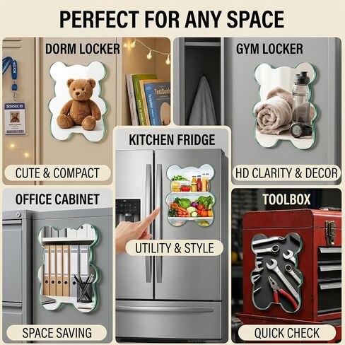 [ 5x7 inch] Cute Bear-Shaped Magnetic Locker Mirror, Aesthetic Frameless Real Glass Mirror with Magnetic Backing, HD Reflection & Polished Safety Edges for School, Gym, Fridge & Decor in Saudi Arabia