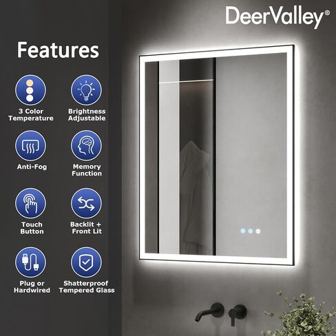 DeerValley 30" x 36" LED Bathroom Mirror with Lights, Lighted Vanity Mirror, Front and Backlit, Double Lights Strips, Anti Fog, Dimmable, Memory Function, Wall Mounted Smart Mirror in Saudi Arabia