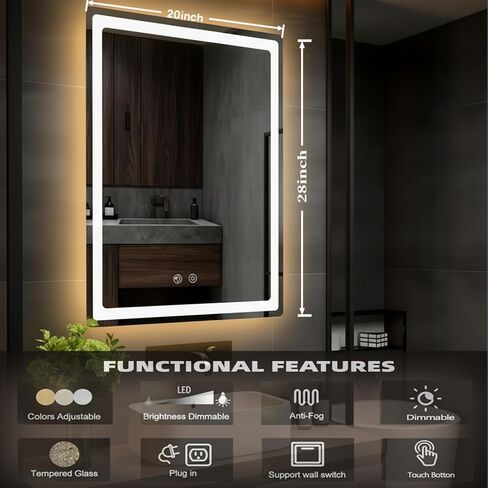 LTFUUAI 20"X28" LED Bathroom Mirror with Lights, Smart Touch 3-Color Dimming Lighted Vanity Mirror Wall Mounted, Anti-Fog Shatterproof with Front & Back Light, for Bathroom Vanity in Saudi Arabia