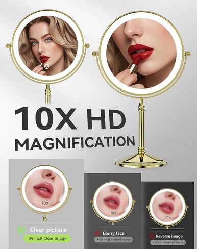 DOWRY 4000 mAh Rechargeable Lighted Makeup Mirror 10x Magnification Vanity Mirror Tabletop Two-Sided Swivel Gifts for Women Wife Mom Teengirls Mothers Day Gold Finish in Saudi Arabia