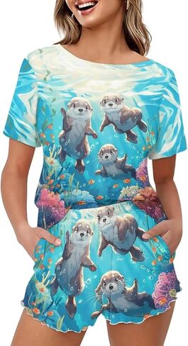 Upetstory Summer Pajama Sets for Women 2 Piece Short Sleeve Top with Shorts in Kuwait
