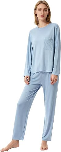 Women's Comfortable Pajama Set - Soft Eucalyptus Modal, Long Sleeve & Long Pants Loungewear, Relaxed Fit Sleepwea in Saudi Arabia