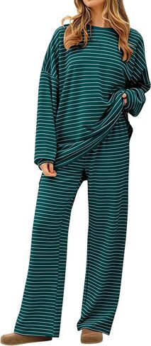 Dsewpaur Women's 2 Piece Striped Lounge Set Oversized T-Shirt Wide Leg Pants Casual Matching Pajama Sleepwear in Saudi Arabia