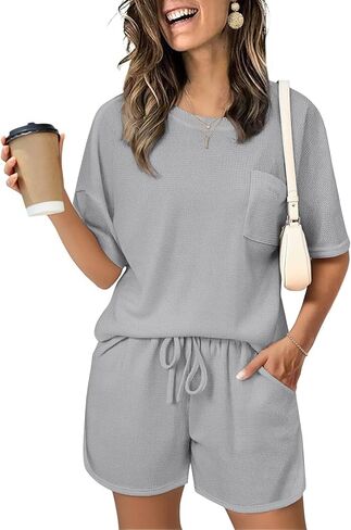 JiniGolla Women's 2 Piece Outfits Waffle Knit Casual Short Sleeve Pullover Tops and Drawstring Shorts Pants Lounge Sets in Saudi Arabia