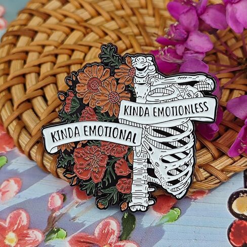 "Kinda Emotional Kinda Emotionless" Enamel Pin - Floral Skeleton Rib Cage Brooch - Gothic Flower Aesthetic Badge for Backpacks, Denim Jackets, Lanyards - Unique Gift for Anatomy & Art Lovers in Kuwait