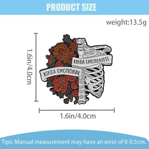 "Kinda Emotional Kinda Emotionless" Enamel Pin - Floral Skeleton Rib Cage Brooch - Gothic Flower Aesthetic Badge for Backpacks, Denim Jackets, Lanyards - Unique Gift for Anatomy & Art Lovers in Kuwait