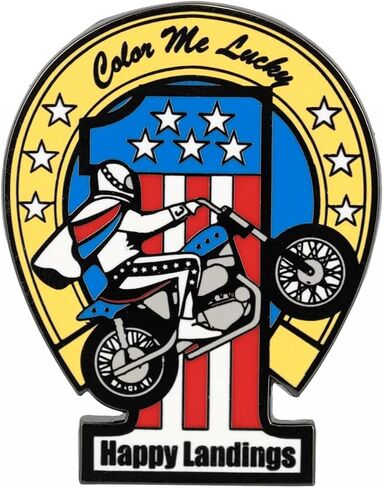 Z Wind Ups Evel Knievel “Happy Landings" Enamel Pin - Retro Motorcycle Collectible Memorabilia - Evel Knievel Stunt Cycle in Saudi Arabia
