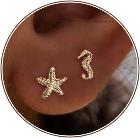 2 Pairs Starfish Stud Earrings for Women Trendy 14K Gold Plated/Silver Shell Turtles Seahorses Ocean Beach Beachy Summer Essentials Sea Outfits Themed Jewelry in Saudi Arabia