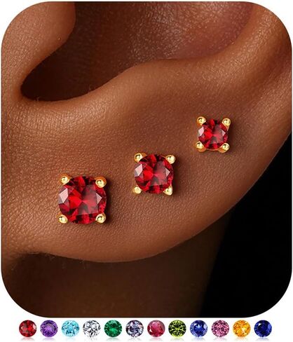 Turandoss Small Birthstone Flat Back Stud Earrings for Women, 14K Real Gold Plated Hypoallergenic Earring Dainty CZ Cartilage Stud Earring Stack, Perfect Birthday Gifts for Women Her in Kuwait