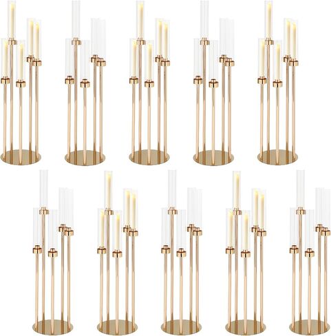 10PCS Gold Candelabra Centerpieces, 42.5in 5 Arm Gold Candle Holder | Acrylic Lampshade, Wedding Birthday Holiday Party Decor, Fits 0.9" LED Taper Candles in Saudi Arabia