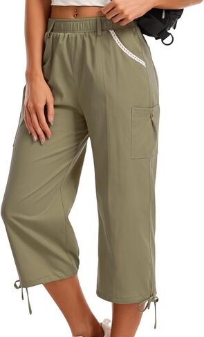 Women's Cargo Capris Pants, Lightweight Travel Hiking Pants, Elastic Waist Adjustable Cuffs, Outdoor Casual Pants in Saudi Arabia