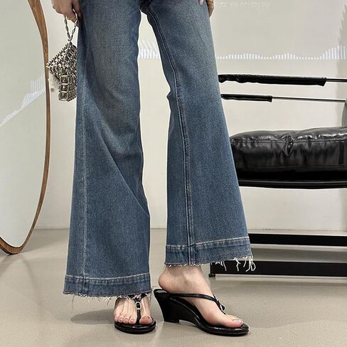 Women's Leather Wedge Flip Flops Trendy Dressy Round Open Toe Slip On Block Heeled Thong Sandals Summer Travel Vacation Beach Clip Toe Slides in Saudi Arabia