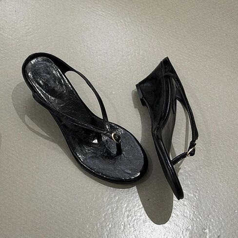 Women's Leather Wedge Flip Flops Trendy Dressy Round Open Toe Slip On Block Heeled Thong Sandals Summer Travel Vacation Beach Clip Toe Slides in Saudi Arabia