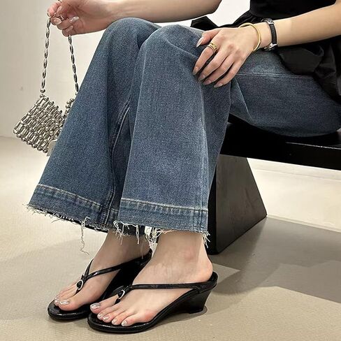 Women's Leather Wedge Flip Flops Trendy Dressy Round Open Toe Slip On Block Heeled Thong Sandals Summer Travel Vacation Beach Clip Toe Slides in Saudi Arabia