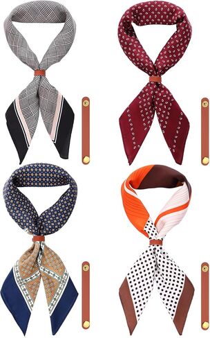 Cuffbow 4 Pcs Square Silk Feeling Neck Scarf for Men with Leather Ring Pocket Square Cowboy Scarf Necktie Silk Head Bandanas in Saudi Arabia