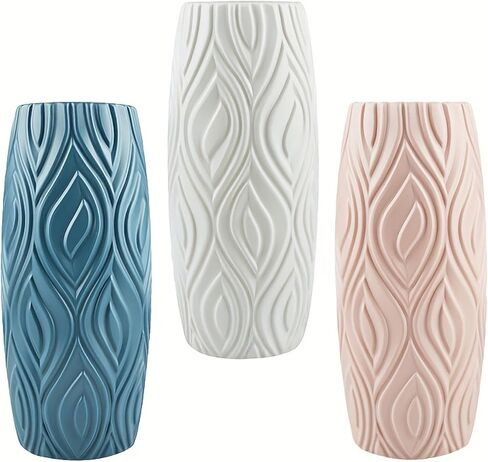 1PC Nordic Style Plastic Vase | Creative Geometric Pattern, Glaze-Like, Shatterproof for Fresh Dried Flowers, Cylinder Shape (Blue) in Kuwait