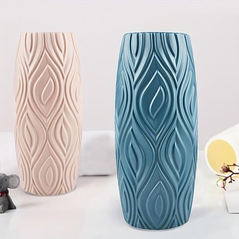 1PC Nordic Style Plastic Vase | Creative Geometric Pattern, Glaze-Like, Shatterproof for Fresh Dried Flowers, Cylinder Shape (Blue) in Kuwait