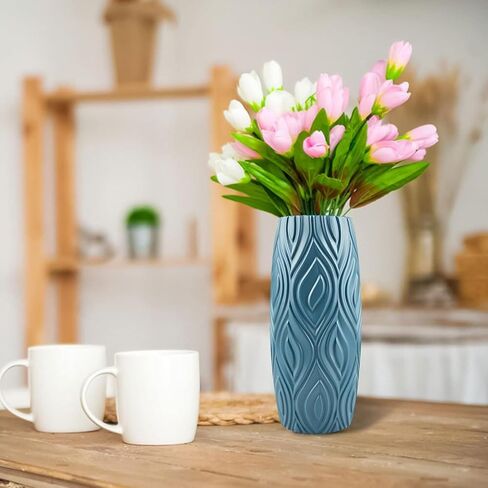 1PC Nordic Style Plastic Vase | Creative Geometric Pattern, Glaze-Like, Shatterproof for Fresh Dried Flowers, Cylinder Shape (Blue) in Kuwait