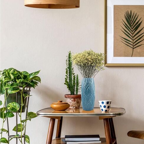 1PC Nordic Style Plastic Vase | Creative Geometric Pattern, Glaze-Like, Shatterproof for Fresh Dried Flowers, Cylinder Shape (Blue) in Kuwait