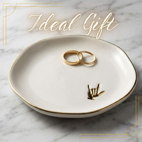 InnoBeta ASL Gifts, I Love You Sign Decorative Trinket Dish, 4.75" Handcrafted Ceramic Ring Dish with Gold Trim, Birthday Gifts for Women in Kuwait