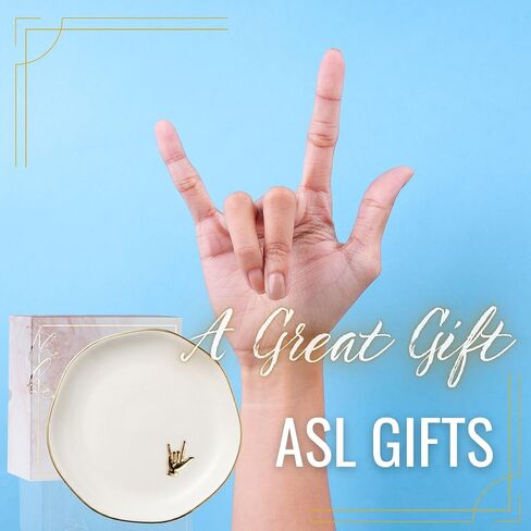 InnoBeta ASL Gifts, I Love You Sign Decorative Trinket Dish, 4.75" Handcrafted Ceramic Ring Dish with Gold Trim, Birthday Gifts for Women in Kuwait