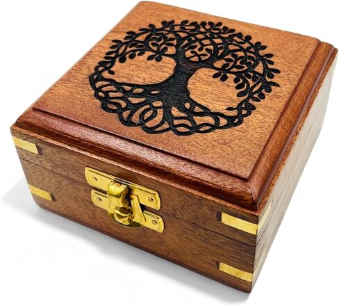 DOLLOND & CO. Handmade Wooden Tree of Life Box, Brass Inlay Jewellery & Keepsake Organizer, Brown Vintage Storage Box for Crystals & Gifts, 10 x 10 x 5.5 cm (Without Customisation) in Saudi Arabia