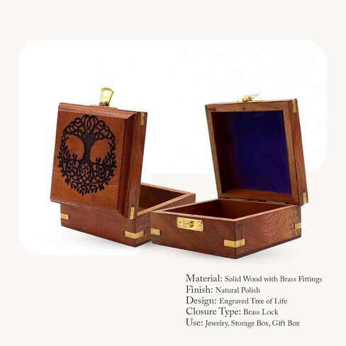 DOLLOND & CO. Handmade Wooden Tree of Life Box, Brass Inlay Jewellery & Keepsake Organizer, Brown Vintage Storage Box for Crystals & Gifts, 10 x 10 x 5.5 cm (Without Customisation) in Saudi Arabia