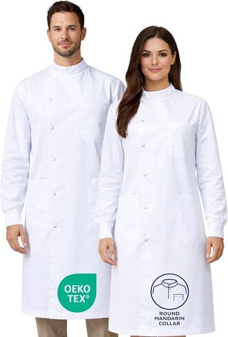 Howie Lab Coat, Fluid-Barrier Elastic Cuffs & Quick Release Snaps - High-Neck Wrap Front, OEKO-TEX in Saudi Arabia