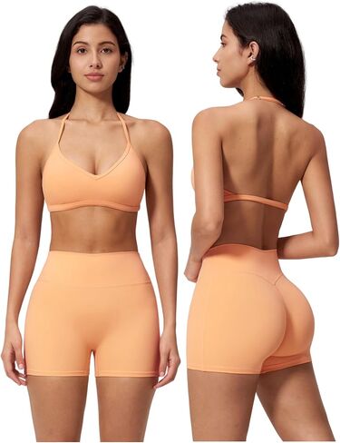 QBGJTD Women Two Piece Workout Sets Open Back Halter Sports Bra Matching High Waist Gym Shorts Yoga Athletic Clothes in Kuwait