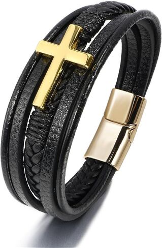 Q&D&S Multi-Layer Braided Leather Cross Bracelet, Black Genuine Leather Cuff Bracelet, Religious Style Men's Wristband in Saudi Arabia