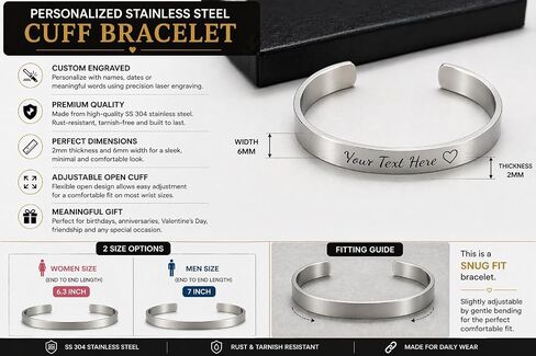 Personalized Adjustable Stainless Steel Cuff Bracelet for Men and Women in Saudi Arabia