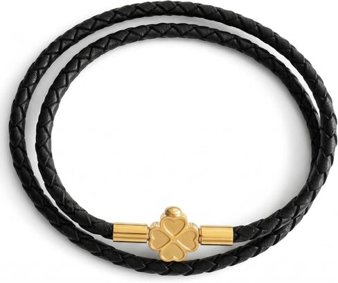 Leporem Double Wrap Braided Leather Bracelet 18K Gold Plated Surgical Steel Four Leaf Clover Push Lock Clasp Luxury Lucky Jewelry Choker Gift Set in Saudi Arabia