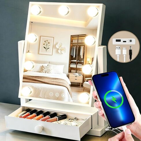 Vanity Mirror with Lights with Drawer,USB Charging Port, Hollywood Makeup Mirror with 9 Dimmable Bulbs,3 Color Lighting Modes, Detachable 5X Magnification, Smart Touch Control Gifts for Women in Saudi Arabia