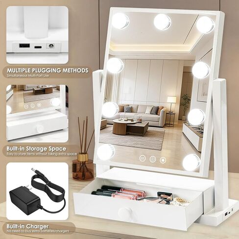 Vanity Mirror with Lights with Drawer,USB Charging Port, Hollywood Makeup Mirror with 9 Dimmable Bulbs,3 Color Lighting Modes, Detachable 5X Magnification, Smart Touch Control Gifts for Women in Saudi Arabia