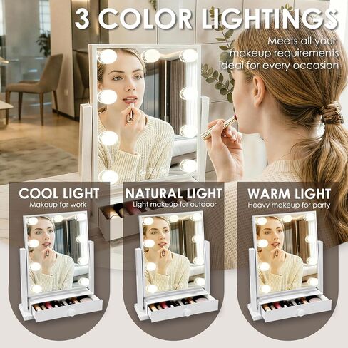 Vanity Mirror with Lights with Drawer,USB Charging Port, Hollywood Makeup Mirror with 9 Dimmable Bulbs,3 Color Lighting Modes, Detachable 5X Magnification, Smart Touch Control Gifts for Women in Saudi Arabia