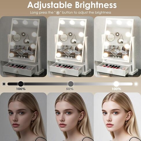 Vanity Mirror with Lights with Drawer,USB Charging Port, Hollywood Makeup Mirror with 9 Dimmable Bulbs,3 Color Lighting Modes, Detachable 5X Magnification, Smart Touch Control Gifts for Women in Saudi Arabia