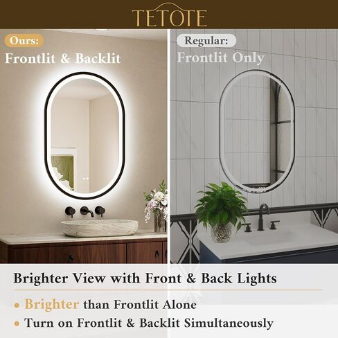 TETOTE Oval Led Lighted Bathroom Mirror Matte Black Frame 24" x 36" Front and Backlit Oval Light up Vanity Mirror with Lights, 3 Color Illuminated Dimmable Anti Fog Wall Mount, IP54 CRI 90+ in Saudi Arabia