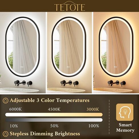 TETOTE Oval Led Lighted Bathroom Mirror Matte Black Frame 24" x 36" Front and Backlit Oval Light up Vanity Mirror with Lights, 3 Color Illuminated Dimmable Anti Fog Wall Mount, IP54 CRI 90+ in Saudi Arabia