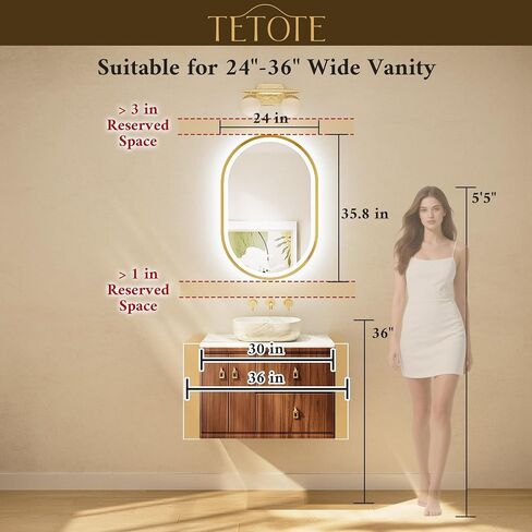 TETOTE Oval Led Lighted Bathroom Mirror Matte Black Frame 24" x 36" Front and Backlit Oval Light up Vanity Mirror with Lights, 3 Color Illuminated Dimmable Anti Fog Wall Mount, IP54 CRI 90+ in Saudi Arabia