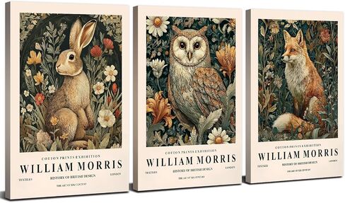 William Morris Wall Art Decor Vintage Animal Canvas Prints for Living Room Nature Floral Painting Poster Rabbit Owl Fox Pictures Green Botanical Canvas Artwork for Kitchen Home Decoration 12x16" 3Pcs in Saudi Arabia