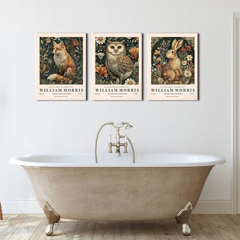 William Morris Wall Art Decor Vintage Animal Canvas Prints for Living Room Nature Floral Painting Poster Rabbit Owl Fox Pictures Green Botanical Canvas Artwork for Kitchen Home Decoration 12x16" 3Pcs in Saudi Arabia